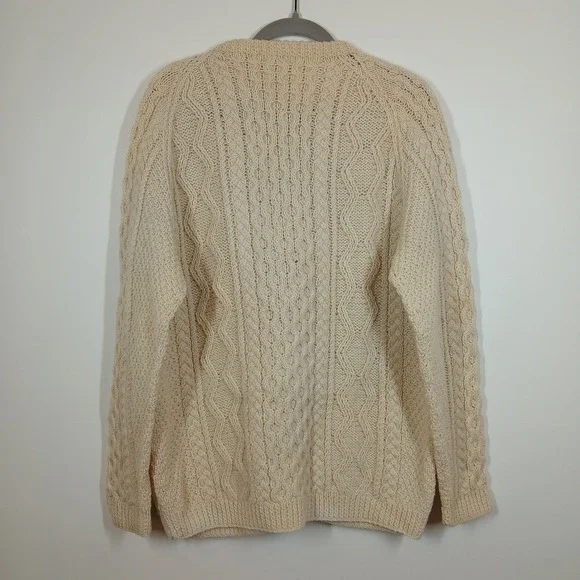 Handknit Cardigan Mens Large Cream Wool Button Up Cable Cottagecore Grandpa Core